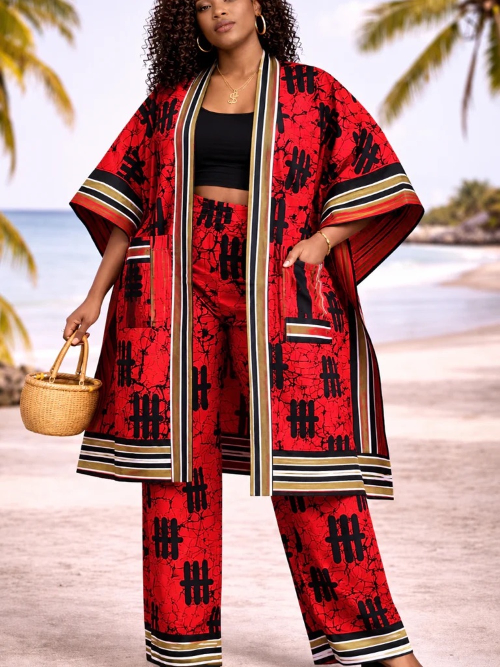 Advance Apparels Red & Black Printed Kimono Jacket with Wide-Leg Pants